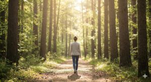 Image 5 : A peaceful view of a person walking through a sunlit park, looking relaxed.
