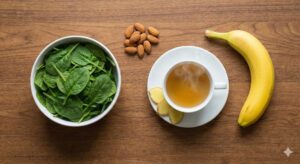 Image 4 : A beautiful spread of healthy foods like almonds, ginger tea, and leafy greens.