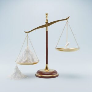 이미지 2 - A balance scale with a heavy pile of sugar on one side and a tiny, light feather representing aspartame on the other.