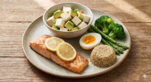 Image 2: A beautifully arranged healthy meal featuring grilled salmon, tofu, broccoli, and quinoa.