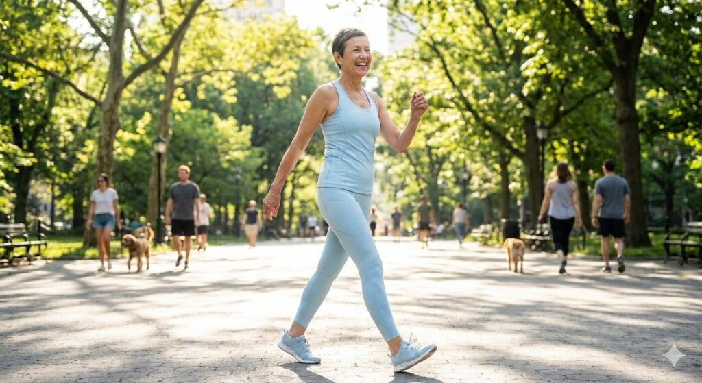 Image 1: A happy person walking energetically in a sunlit park, looking vibrant and strong.