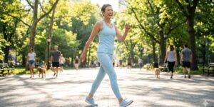 Image 1: A happy person walking energetically in a sunlit park, looking vibrant and strong.