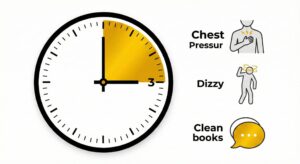 Image 3 - An informative graphic showing a clock face with the "Golden 3 Hours" highlighted, next to icons representing chest pressure, dizziness, and slurred speech.