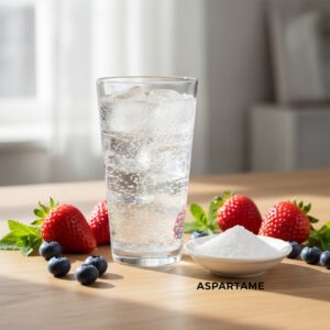 이미지 1 - A refreshing glass of iced diet soda next to a small pile of white powder representing aspartame, surrounded by colorful summer fruits.