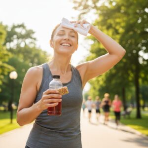 Image 4: A person hiking on a sunny trail, pausing to take a sip of a mineral-enriched drink.