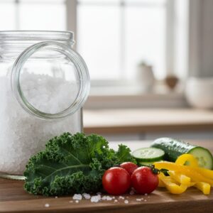 Image 1: A close-up of natural sea salt crystals next to fresh green herbs and vegetables on a clean kitchen counter.