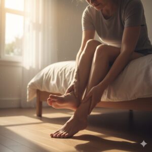 Image 1 - A person sitting on the edge of a bed, clutching their heel with a pained expression as they prepare to take their first step.