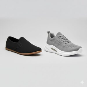 Image 3 - A comparison of a "bad" flat shoe versus a "good" shoe with visible arch support and cushioning.