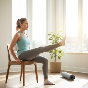 이미지 2 - A bright living room where a person is performing a seated leg lift exercise on a sturdy chair.