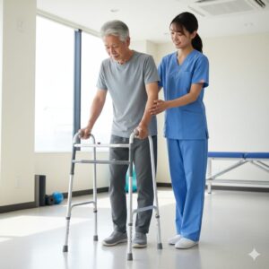 이미지 3 - A physical therapy setting where a patient is practicing walking with a walker, guided by a smiling therapist.