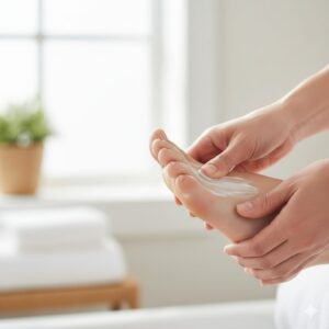 Image 3 - A person gently applying medicated cream to the spaces between their toes with care