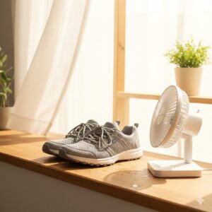 Image 4 - Shoes sitting on a sunny windowsill next to a small electric fan blowing air toward them
