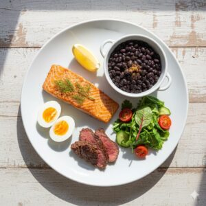 이미지 1 - A healthy, balanced Mediterranean-style meal featuring various protein sources like eggs, fish, beans, and lean meat on a bright wooden table.