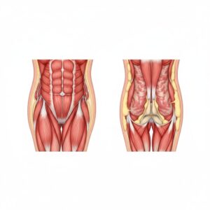 이미지 2 - An infographic showing the cross-section of a healthy thigh muscle versus one affected by sarcopenia, highlighting the decrease in muscle fibers and increase in fat.
