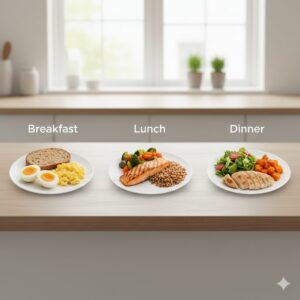 이미지 4 - A visual guide showing how to divide 60g of protein into three 20g servings: an egg breakfast, a fish lunch, and a bean/meat dinner.