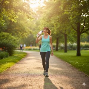 이미지 5 - A happy person walking in a sunlit park, symbolizing the harmony between nutrition, exercise, and a healthy lifestyle.