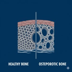 Image 1 - Comparison illustration showing a cross-section of healthy, dense bone vs. porous, brittle bone affected by osteoporosis.
