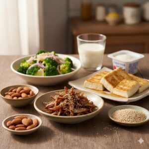 Image 2 - A vibrant flat-lay of diverse calcium-rich foods including sardines, a bowl of kale, tofu blocks, almonds, and sesame seeds.