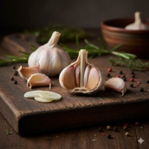 이미지 3 - Fresh whole garlic bulbs and peeled cloves on a rustic wooden cutting board