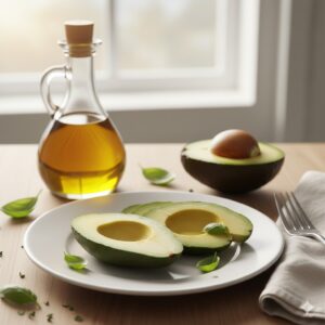 이미지 2 - A healthy breakfast table featuring sliced fresh avocado and a bottle of olive oil