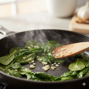 Image 3 - A close-up of fresh greens being lightly sautéed in shimmering olive oil in a pan.