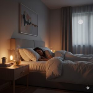 Image 1 - A cozy, dimly lit bedroom with a warm cup of tea on a nightstand and a person sleeping peacefully.