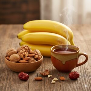 Image 2 - A peaceful still life featuring a bunch of bananas, a bowl of walnuts, and a steaming cup of herbal tea.