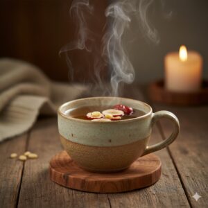 Image 3 - A beautiful close-up of a clear glass cup filled with golden chamomile tea and dried flowers scattered around.