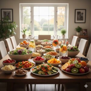 Image 1 - A vibrant, healthy dining table filled with a variety of colorful vegetables and fruits.