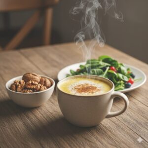 Image 4 - A cozy, close-up shot of a steaming cup of Golden Milk (Turmeric Latte) next to a small bowl of walnuts.