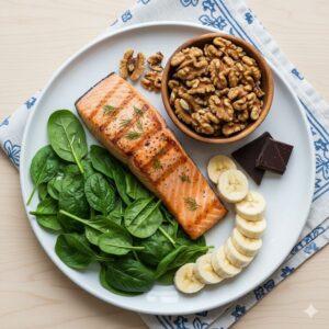 Image 4 - A beautiful spread of Mediterranean food including salmon, walnuts, spinach, and colorful berries.