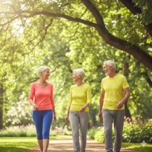 Image 3 - A group of energetic older adults walking briskly and smiling in a lush green park, symbolizing regained mobility.