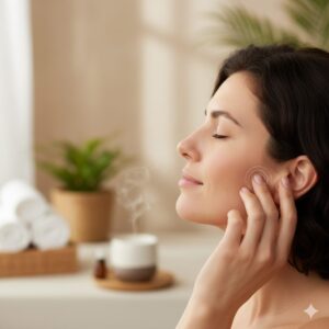 Image 3 - A person relaxing in a quiet room, gently massaging the area around their ears.