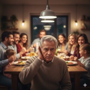 Image 1 - An illustration of a person leaning in to hear better during a lively dinner conversation with family.