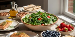 Image 1: A vibrant, colorful table filled with fresh Mediterranean-style ingredients like olive oil, salmon, and leafy greens
