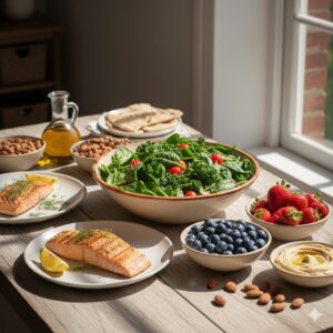 Image 1: A vibrant, colorful table filled with fresh Mediterranean-style ingredients like olive oil, salmon, and leafy greens
