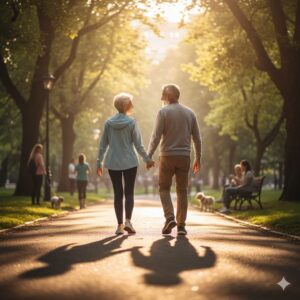 Image 4: An older couple laughing and walking through a sunlit park, looking happy and healthy