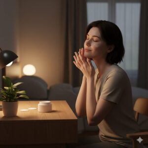 Image 4 - A person sitting calmly at a vanity, enjoying their peaceful evening skincare routine.