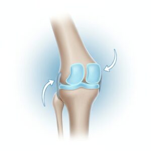 Image 2 - A soft, anatomical illustration of a healthy knee joint showing thick, blue-tinted cartilage cushioning the space between the femur and tibia.