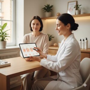 Image 2 - A comfortable consultation room where a specialist is explaining skin conditions to a client using a screen.