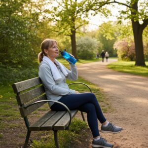 Image 4 : A person peacefully walking in a sunlit park, holding a water bottle and looking rejuvenated.