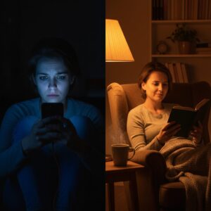 Image 5 - A split screen showing a person looking at a bright smartphone in the dark (stressed expression) versus a person reading a book under a soft, warm amber light (relaxed expression).