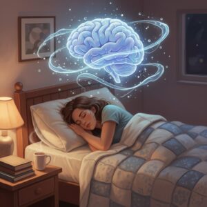 Image 1 - An illustration of a person sleeping peacefully in a cozy bedroom with a conceptual overlay of the brain being gently washed or cleared of glowing dust particles.