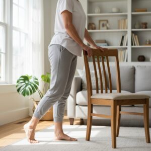 Image 4 - A person demonstrating simple heel raises (calf raises) while holding onto a sturdy chair for balance.