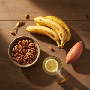 Image 3 - A beautiful spread of potassium-rich foods like bananas, potatoes, nuts, and a glass of warm lemon water.
