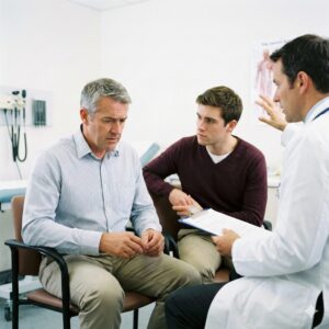 Image 1: A concerned man and his adult son sitting in a bright medical office, listening intently to a doctor holding a clipboard.