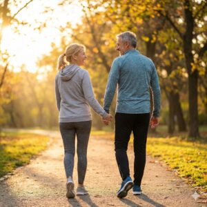 Image 4: A middle-aged couple walking hand-in-hand through a sun-drenched park, looking healthy and happy.