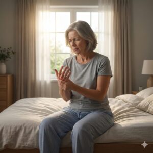 Image 1 - A person sitting on the edge of a bed, looking distressed while massaging their numb hand.