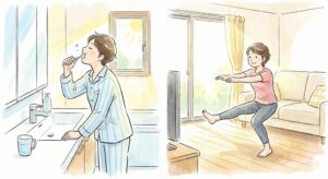 Image Number 4: An illustration of a healthy morning routine showing someone gargling before drinking water and doing light leg exercises.