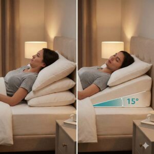 Image 2: A comparison image showing a correct 15-degree full-torso incline versus an incorrect "pillows only" position that kinks the neck.